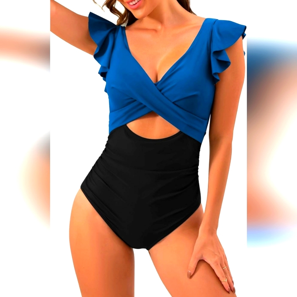 B2prity One Piece Ruffle Sleeve Cutout Tummy Control Plunging V-Neck Swimsuit XL